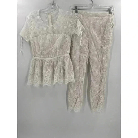 Luba by Hannah Payne Ivory Mesh Lace Peplum Babydoll Blouse SZ 0 Pants Size 4 - Picture 4 of 16